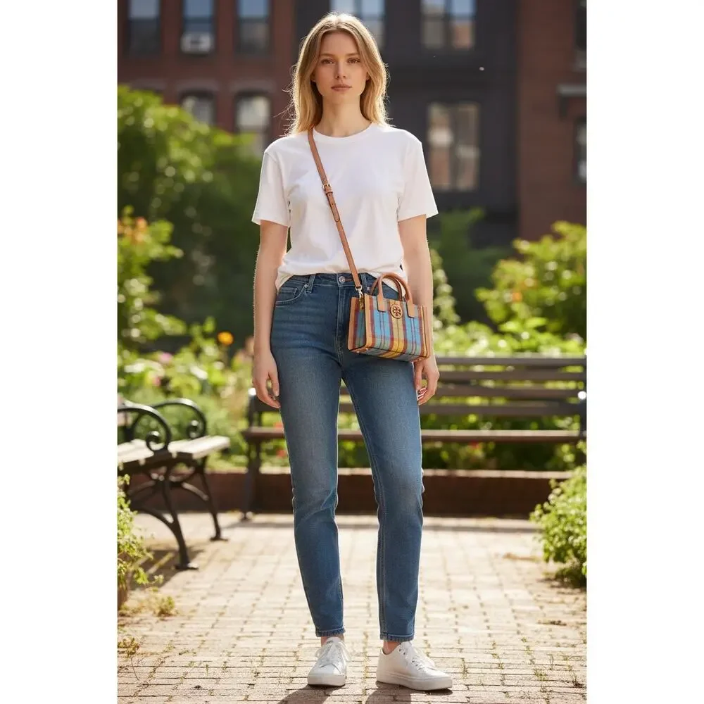 Tory Burch Ella Mini Plaid Top Handle Crossbody Tote Bag Multicolor Leather Trim - Picture 2 of 16